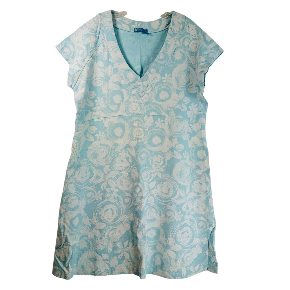 Fresh Produce Blue White Floral Swirl V-Neck Cotton Dress XXL Made in USA 21662